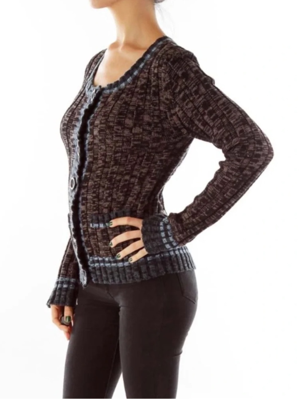 Free People Burnout Slim Cardigan With Large Buttons, Black, M, EUC - Picture 3 of 4
